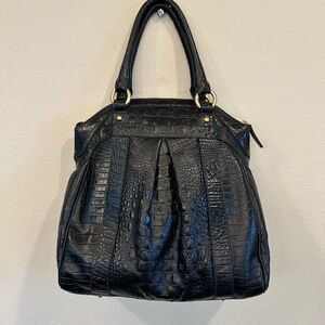 Brahmin “Louise” Black Satchel with Textured Leather and Pleated Design